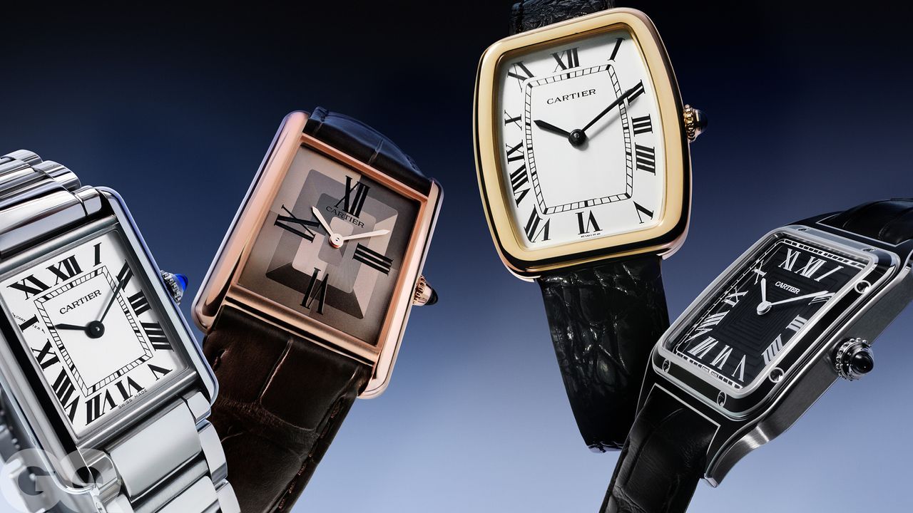 Four Cartier watches with different designs on a gradient blue background