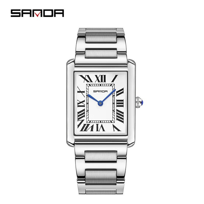 Silver watch with Roman numeral markers on a white background, featuring the brand 'SANDA'. Sanda 1108 stainless steel bracelet.
